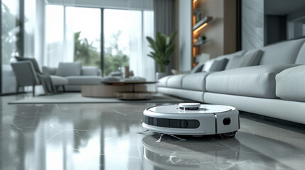Robot hoover in a flat with beautiful interior new cleaning technologies