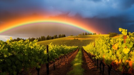 A rainbow illuminating a serene vineyard