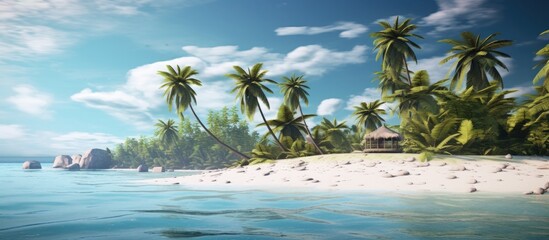 Tropical island with palm trees and blue sky, panorama