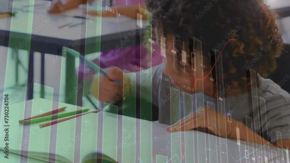 Wall mural Animation of financial data processing over african american schoolboy writing in notebook