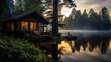 Obraz premium A tranquil morning in a lakeside cabin