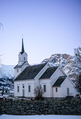 church in the snow, Norwegian Church in Fjords