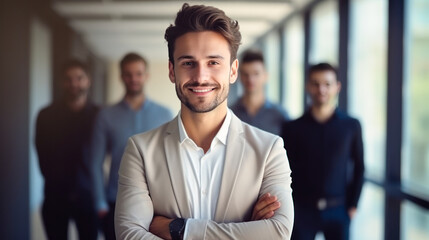 Headshot of happy HR manager. Friendly business team, good colleagues. employee appreciation day. Portrait of smiling millennial Caucasian businessman standing in office and looking at camera. - obrazy, fototapety, plakaty