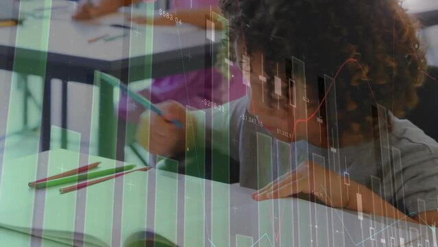 Animation of financial data processing over african american schoolboy writing in notebook