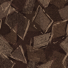 Fototapeta premium Seamless brown camouflage pattern with random scattered overlapping tulle pieces, patches, outline geometric shapes. Random composition. For apparel, fabric, textile, sport goods Grunge texture