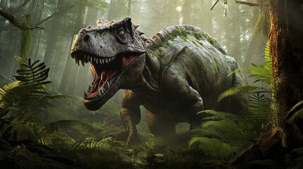 An artistic interpretation of a Tarbosaurus hunting in a forest