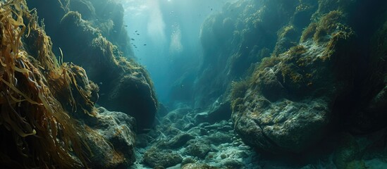Deep underwater gorge with massive rocks and a forest of brown kelp.
