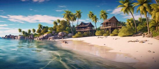 Fototapeta premium Tropical island with palm trees and blue sky, panorama