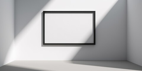 A black frame on a wall with a shadow