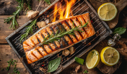 Char grilled Norwegian salmon juicy   - obrazy, fototapety, plakaty