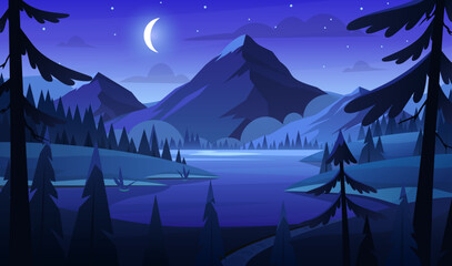 Night mountain lake landscape. Vector illustration of spring summer nature with field, lake, river, forest, pine trees, grasslands meadow, mountains, moon. Hills and valley panorama. Spring time