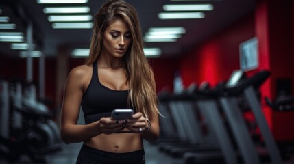Obraz na płótnie Canvas AI-Powered Fitness App for Gym and Home Workout. Focused Female Athlete Using AI Fitness App at Gym.