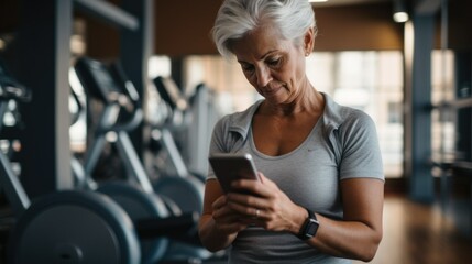 Fototapeta premium Senior Woman Using Fitness App in Gym. active senior woman smiles while using a fitness application on her smartphone in a well-equipped gym, representing health and technology.