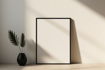 A black frame on a wall with a shadow