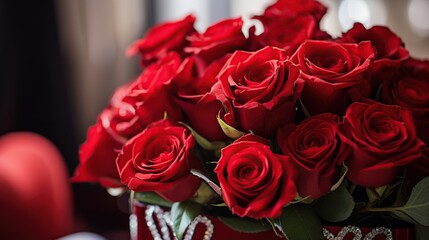 Bouquet of red roses in a gift box on Valentine's Day