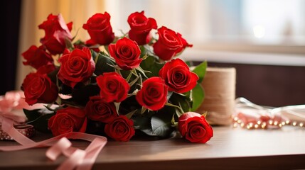 Fototapeta premium Bouquet of red roses on a wooden table in a restaurant