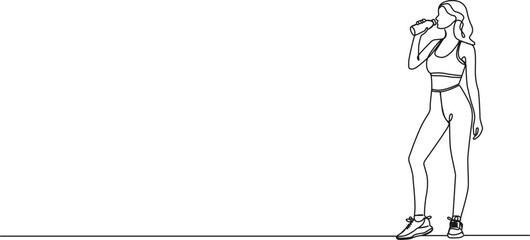 continuous single line drawing of sporty woman in sportswear drinking water from bottle, line art vector illustration