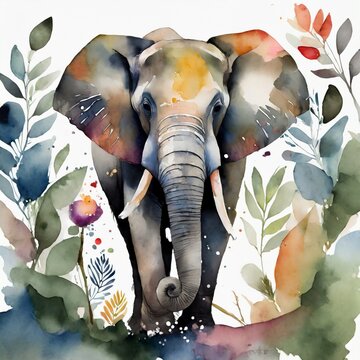 Watercolor painting of elephant. Wild animal. Abstract hand drawn illustration.
