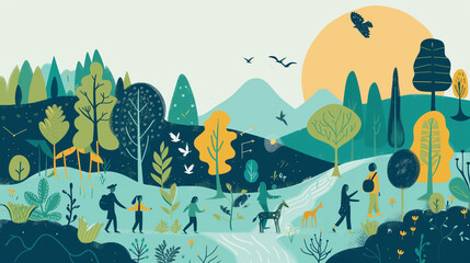 Fototapeta na wymiar Whimsical Illustration of Eco-Conscious Community Engaging with Nature: Seasonal Activities and Wildlife Amidst a Stylized Forest Landscape