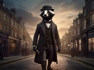 Anthropomorphic  Badger - The look is a interpretation of a typical 1920s in London streets. - obrazy, fototapety, plakaty