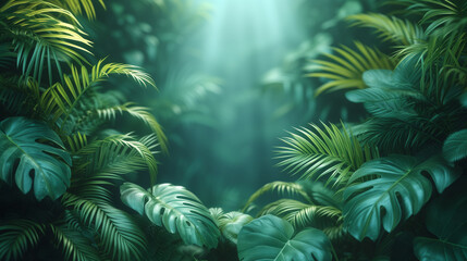 Fototapeta na wymiar Background of green tropical plants with rays of sunshine