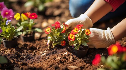 Close up of hands planting colorful flowers