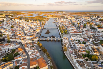 Aerial view of the Tavira old town at sunrise, Algarve region, Portugal