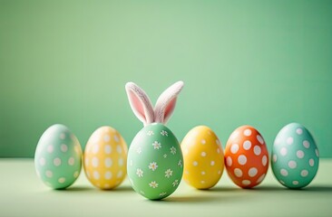 Colorful Easter eggs and Easter bunnies, symbolizing spring and festive celebrations. Spring Easter composition. Happy Easter. Easter concept, culture, banner, wallpaper, wrapping, card