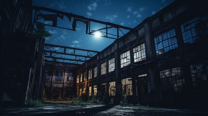 Abandoned factory with broken windows and a moonlit aura