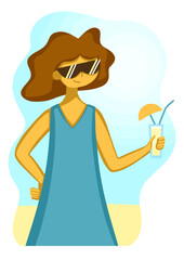 Chilling girl with blue dress and cocktail flat illustration	
