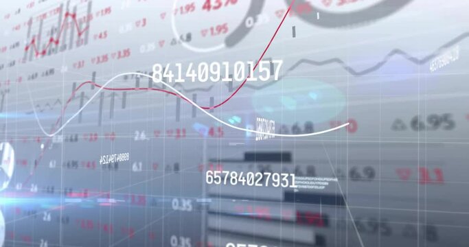 Animation of financial data processing with light trails on white background