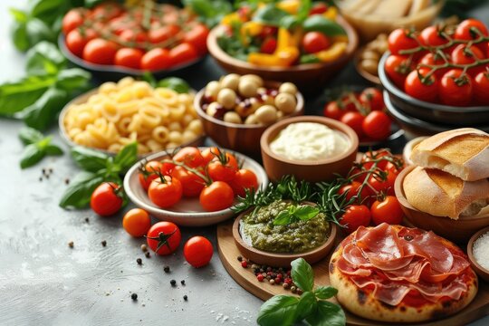 Full table of Italian meals on plates Pizza, pasta, ravioli, carpaccio. caprese salad and tomato bruschetta on a table