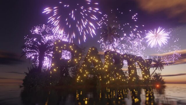 A tropic island in a calm ocean at sunset, the word PARTY of foliage in the center. A fireworks in the background.3d animation seamless loop