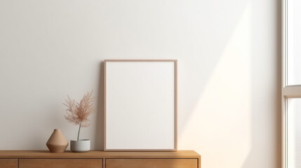 Portrait wooden frame mock up on a dresser or shelf at a white wall. Two ceramic vases on the table. Copy space. Modern minimalistic Scandinavian interior. Photo frame template, sample. Sunlight - obrazy, fototapety, plakaty