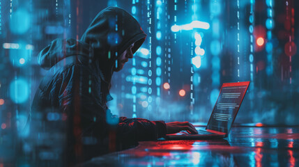 A hacker in a dark hoodie works at a computer against a backdrop of glowing symbols