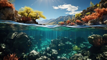 Underwater view of coral reef with fish. - obrazy, fototapety, plakaty
