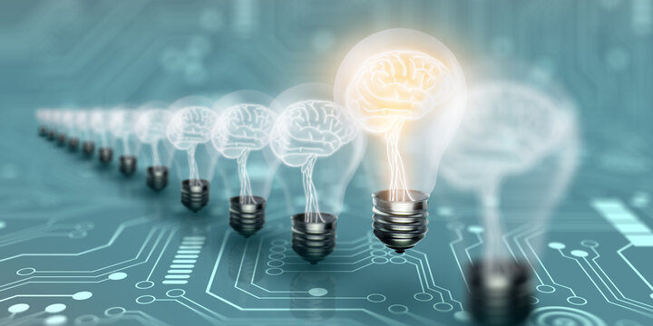 Light bulbs with brain inside and glowing one different idea on clean background. Business Bright idea concept. 3D Render.