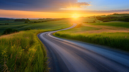 idyllic summer scene, captured during the golden hour, featuring a winding country road meandering through fields of lush green and bursts of wildflower colors. The sun, hovering low in the sky