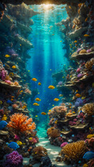 Beautiful underwater world with many colorful corals and fish. Underwater grotto and reef, softly illuminated by the sunlight.