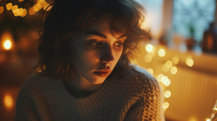 Portrait of beautiful young woman sitting in cozy living room at home