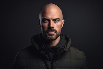 Portrait of a bald man with a beard in a jacket on a dark background