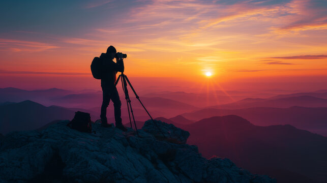 Silhouette of photographer taking pictures on top of a mountain with vast beautiful view at sunset