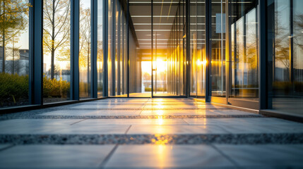 Modern architectural corridor with lots of glass at sunset - obrazy, fototapety, plakaty