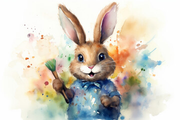 A watercolor painting of a friendly Easter bunny holding a paintbrush, as if in the act of painting a soon-to-be dazzling Easter egg