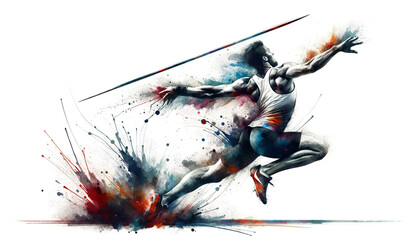 An expressive, dynamic illustration of a moving javelin thrower with watercolor and ink splatter effects conveys energy and power in the javelin throw. Sports concept. AI generated.