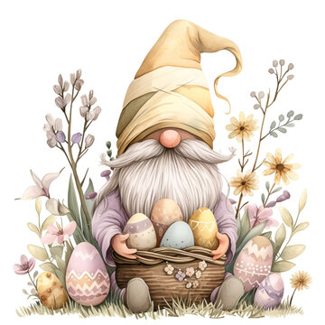 Watercolor clipart cute little gnome with easter eggs on white background, pastel colors