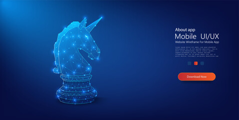 Glowing Blue Digital Wireframe Unicorn Chess Piece on Dark Background. A striking 3D digital representation of a unicorn chess piece, crafted in a luminescent wireframe style, set against a deep blue. © ZinetroN