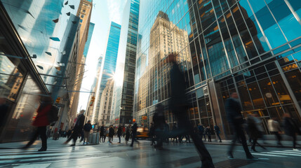 Buzzling crowd in metropolitan urban city with skyscrapers and busy people