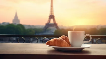 Fotobehang Croissant and cup of coffee table in a cafe, blurred silhouette of the Eiffel Tower © brillianata