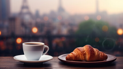 Croissant and cup of coffee table in a cafe, blurred silhouette of the Eiffel Tower